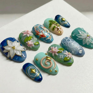 Lotus Koi Serenity Press On Nails | Zen Pond Nail Art | Koi Fish & Lotus Flower Nails | Nature Inspired Press Ons | OB264EC
