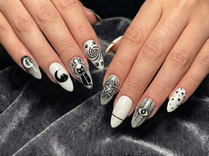 Cosmic Black Cat Press On Nails | Gothic Cat Nail Art | Moon Star Astrology Nails | Witchy Black White Press Ons | Mystic Nail Set | OB263H