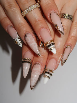 White Lace & Gold Coquette Press On Nails by Icy Nails 4u | Luxury Bridal Stiletto | OB02LU