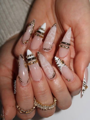 White Lace & Gold Coquette Press On Nails by Icy Nails 4u | Luxury Bridal Stiletto | OB02LU