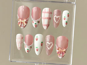 Dreamy Pink Press On Nails | Nail Set With Strawberry Design | Cute Bow and Heart Nail Art | Adorable 3D Raised Art |mother day gift| OB167T