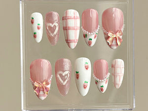 Dreamy Pink Press On Nails | Nail Set With Strawberry Design | Cute Bow and Heart Nail Art | Adorable 3D Raised Art |mother day gift| OB167T