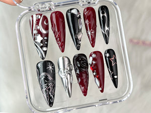 Luxury Black 3D Press On Nails | Red Press On Nails Unique Design | Nail Art | Y2k Nails | Acrylic Nails, Nails press on | Gift for her |OC23T