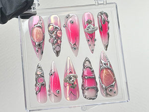 Y2k Pink Press On Nails | Custom Design Nail Art, Fake Nails for Birthday | Ombre Pink Nail Art | Nail Charms | Pink press ons | OB534TL