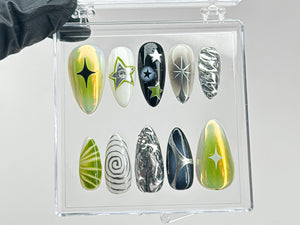 Galaxy Star Press On Nails | 3D Hand-Painted Green & Black Nail Art | Y2K Style Nails | Silver Chrome on Fake Nails | Gift for her | OC553T