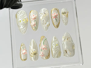 Elegant Lotus Flower Press On Nails | Chic White & Gold On Fake Nails | 3D Floral Acrylic Nails | Butterfly charm nails press on | OC559TL