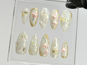 Elegant Lotus Flower Press On Nails | Chic White & Gold On Fake Nails | 3D Floral Acrylic Nails | Butterfly charm nails press on | OC559TL