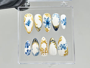 Sophisticated Blue Floral Press On Nails | Chic White & Gold On Fake Nails | Edgy Chrome Nails, Holiday Nails | nails press on | OC560TV
