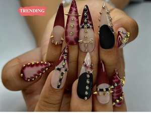 Gothic Punk Press On Nails | Red Marble & Studded Spiked Nail Art | Handmade Long Stiletto Nails | OC993EP