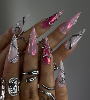 DoryNail Chrome Flame Aura Press On Nails | Pink Iridescent Nail Art | Metallic 3D Wave Design | Futuristic Chrome Nails | Handmade Statement Set OB220L