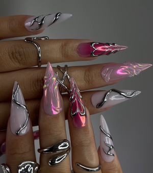 DoryNail Chrome Flame Aura Press On Nails | Pink Iridescent Nail Art | Metallic 3D Wave Design | Futuristic Chrome Nails | Handmade Statement Set OB220L