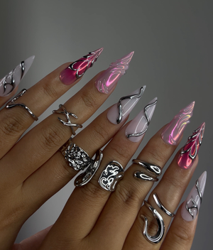 DoryNail Chrome Flame Aura Press On Nails | Pink Iridescent Nail Art | Metallic 3D Wave Design | Futuristic Chrome Nails | Handmade Statement Set OB220L