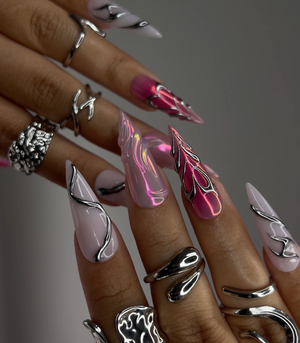 DoryNail Chrome Flame Aura Press On Nails | Pink Iridescent Nail Art | Metallic 3D Wave Design | Futuristic Chrome Nails | Handmade Statement Set OB220L