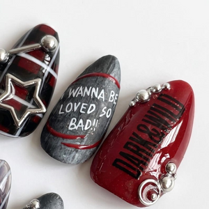 K-Pop Press On Nails with Silver Chain Charms | Dark Grunge Short Almond Nails | Edgy Red Black Nail Art for Concert | OB483U