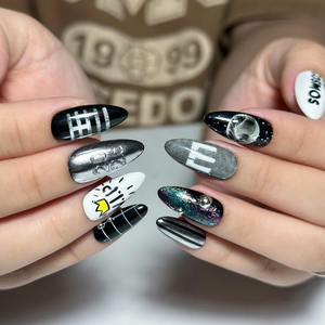 Kpop Concert Press On Nails with Silver Chrome | Black White Crown Nail Art | Korean Pop Fan Nails for Concert, Music Festival | OB503UC