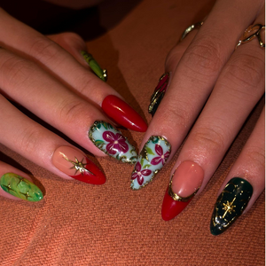 Luxury Fall Press On Nails with Gold Floral Art , Elegant Autumn Nails , Jewel Tone Handmade Nail Set | OB541WC