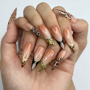 Luxury Leopard Press On Nails with Gold Rhinestones | Nude French Tip Animal Print Nails | Glam Statement Manicure | OC464JC