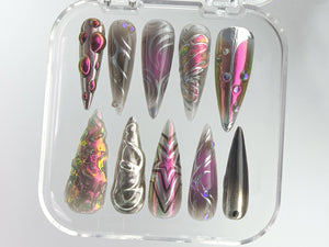 Futuristic Metallic Press On Nails | Unique 3D Holographic Fake Nails | Chrome Metallic Acrylic Nails | Holographic 3D Nail Polish | OB539YH