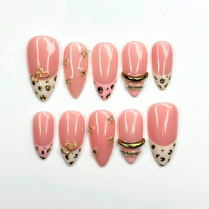 Pink Leopard Press On Nails with Gold Heart Charms | Animal Print French Tip Nails | 3D Rhinestone Handmade Nail Art | OB521UA