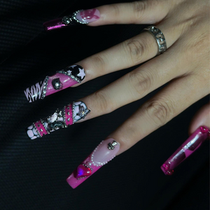 Pink Punk Press On Nails, Y2K Grunge Nails, Goth Glam Handmade Gel Nails, Chrome Heart Statement Manicure | OB459UG