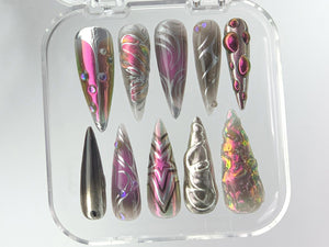 Futuristic Metallic Press On Nails | Unique 3D Holographic Fake Nails | Chrome Metallic Acrylic Nails | Holographic 3D Nail Polish | OB539YH