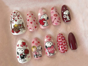Snoopy Love Story Press On Nails | Valentine Cartoon Nails | Pink Heart Nail Art | Cute Snoopy & Peanuts Design | Handmade Press Ons | OB14LN