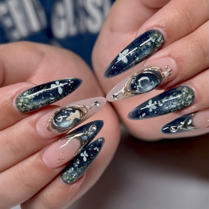 Celestial Press On Nails • Butterfly Gift for Her • Navy Blue Moon Butterfly Gold Frame Handmade Fake Nails Night Sky Set Deluxe | OB429LC