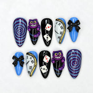 Wonderland Press On Nails with Purple Cat Art , Playing Card & Clock Nails , Whimsical Fantasy Nail Set| OB538WA