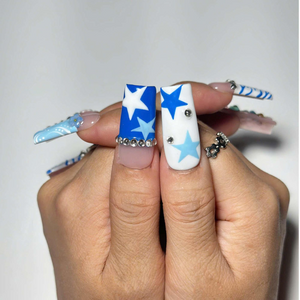 Y2k Square Press on Nails With Concert | Blue Graphic Nail Set | Rhinestone Floral Nails | Korean Aesthetic Handmade Nails | OC462JG
