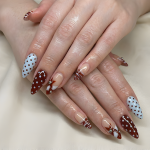 Nail Tabs for Press On Nails – Nude Brown Blue Polka Dot French Tip Cute Nails | OB01L