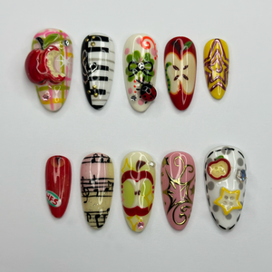 Kawaii Apple Press On Nails | Music Note Nails, Ladybug Clover Nails, Cute Storybook Nail Set, Handmade Gift for Women OB441L