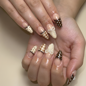 Nail Tabs for Press On Nails – Nude Brown Polka Dot Gingham & 3D Bow Long Almond Handmade Cute Coquette Fake Nails | OB04L