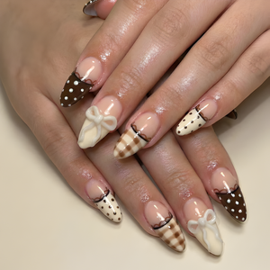 Nail Tabs for Press On Nails – Nude Brown Polka Dot Gingham & 3D Bow Long Almond Handmade Cute Coquette Fake Nails | OB04L