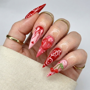 Press On Nails Adhesive Tabs with Red Cherry & Heart Swirl Art Design, Handmade Long Stiletto Fake Nails for Valentine Aesthetic or Romantic Statement Look | OB02LN