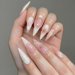 Nail Tabs for Press On Nails – Pink White Floral 3D Flower Long Stiletto Press On Nails | OB05L