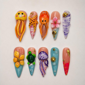 3D Sea Creature Press On Nails | Jellyfish Octopus Turtle Nail Set | Cute Tropical Ocean Nails | Handmade Summer Manicure | OB455JG