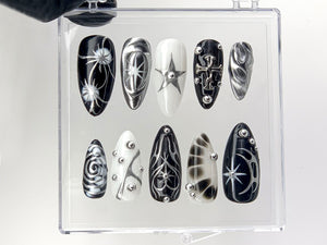 Elegant Gothic Press On Nails | 3D Designs with Cross, Star, Spiral Acrylic Nails | Monochrome Nail Art | Y2k Nails | Custom Nails | OC552YL
