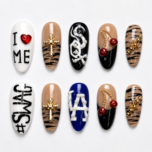 Y2K Graphic Press On Nails | Cherry Cross Letter Nail Set | Edgy Black White Statement Nails | Street Style Handmade Set | OC447J