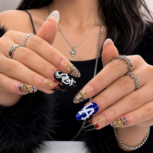 Y2K Graphic Press On Nails | Cherry Cross Letter Nail Set | Edgy Black White Statement Nails | Street Style Handmade Set | OC447J