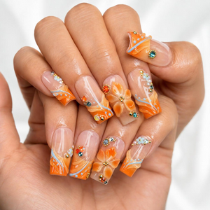 Summer Floral Press On Nails | Orange Flower Beach Nail Set | Tropical Vacation Nails | OC445J