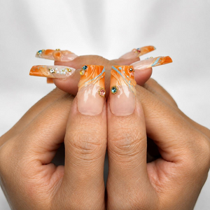 Summer Floral Press On Nails | Orange Flower Beach Nail Set | Tropical Vacation Nails | OC445J
