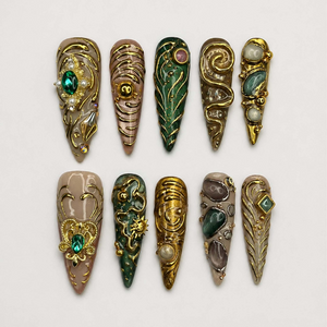 Emerald Jewelry Press On Nails | Gold Chrome Gemstone Nail Set | Ornate Baroque Fantasy Nails | Luxury Handmade Nails | OB457JG
