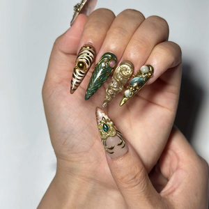 Emerald Jewelry Press On Nails | Gold Chrome Gemstone Nail Set | Ornate Baroque Fantasy Nails | Luxury Handmade Nails | OB457JG