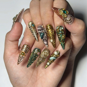 Emerald Jewelry Press On Nails | Gold Chrome Gemstone Nail Set | Ornate Baroque Fantasy Nails | Luxury Handmade Nails | OB457JG