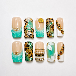 Leopard Print Press On Nails • Nude Teal Animal Print Nail Set Gold • Luxury 3D Cheetah Manicure • Vacation Safari Gift for Her • OB443Z