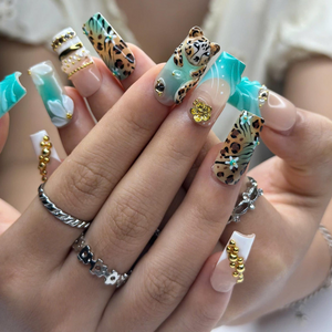 Leopard Print Press On Nails • Nude Teal Animal Print Nail Set Gold • Luxury 3D Cheetah Manicure • Vacation Safari Gift for Her • OB443Z