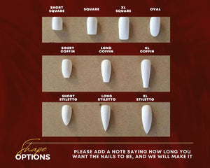 A display of white press-on nail samples in various shapes: short square, square, XL square, oval, short coffin, long coffin, XL coffin, short stiletto, long stiletto, and XL stiletto. Text reads "Shape Options" and "Please add a note saying how long