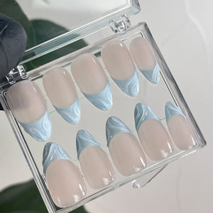 LNA0010 - Blue French Tip on Nude Almond Press On Nails, Custom Short Fake Nails, Elegant Nails for Birthday Party