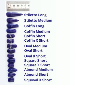 A collection of purple press-on nails in various shapes and lengths, including stiletto, coffin, oval, square, almond, and squoval. A ruler in millimeters is at the top. Text labels each nail shape an