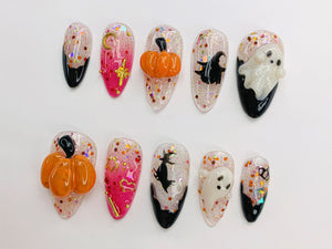 Spooky Halloween Ghost - Pumpkin Press-On Nails | 3D Nail Art for Halloween Party | Glitter Press-On Nails with Witch - Star Accents|JB486SC image 3